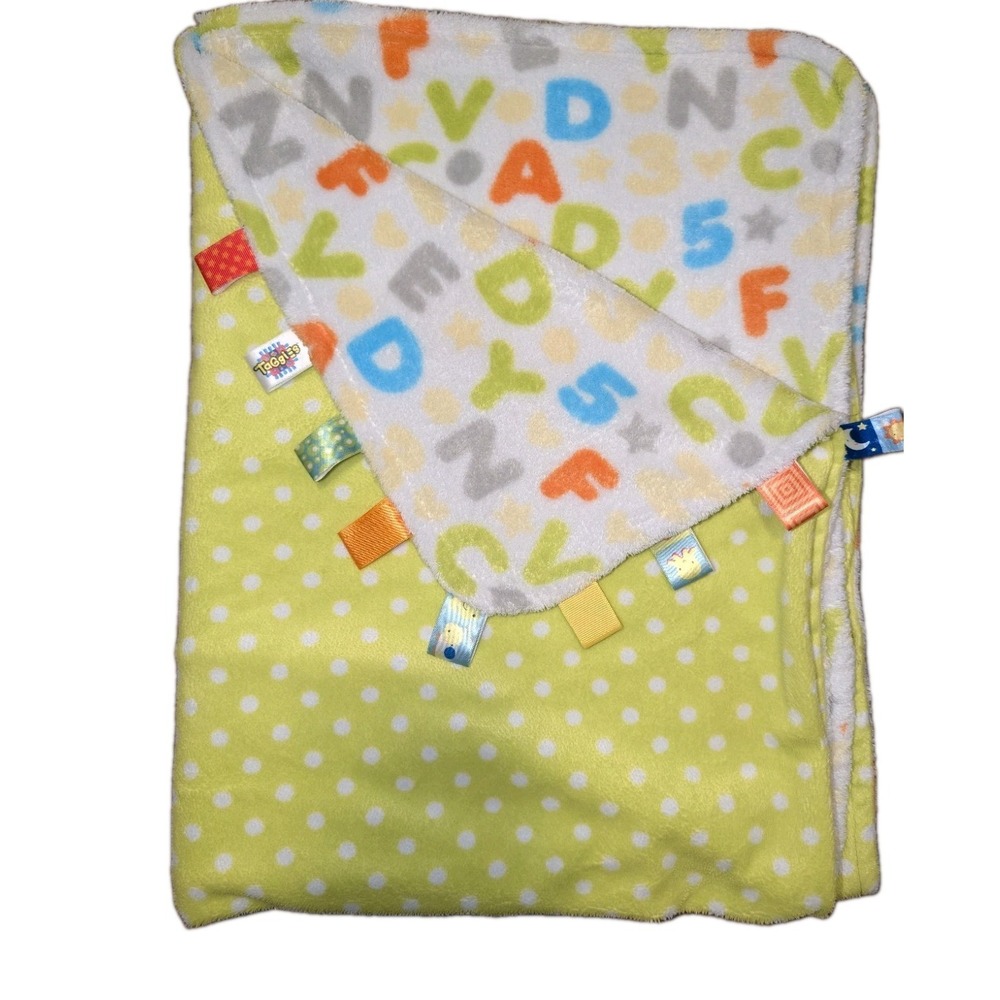 Vtg Taggies Baby Blanket Alphabet Numbers Green Polka Dot Plush Large Kidcore